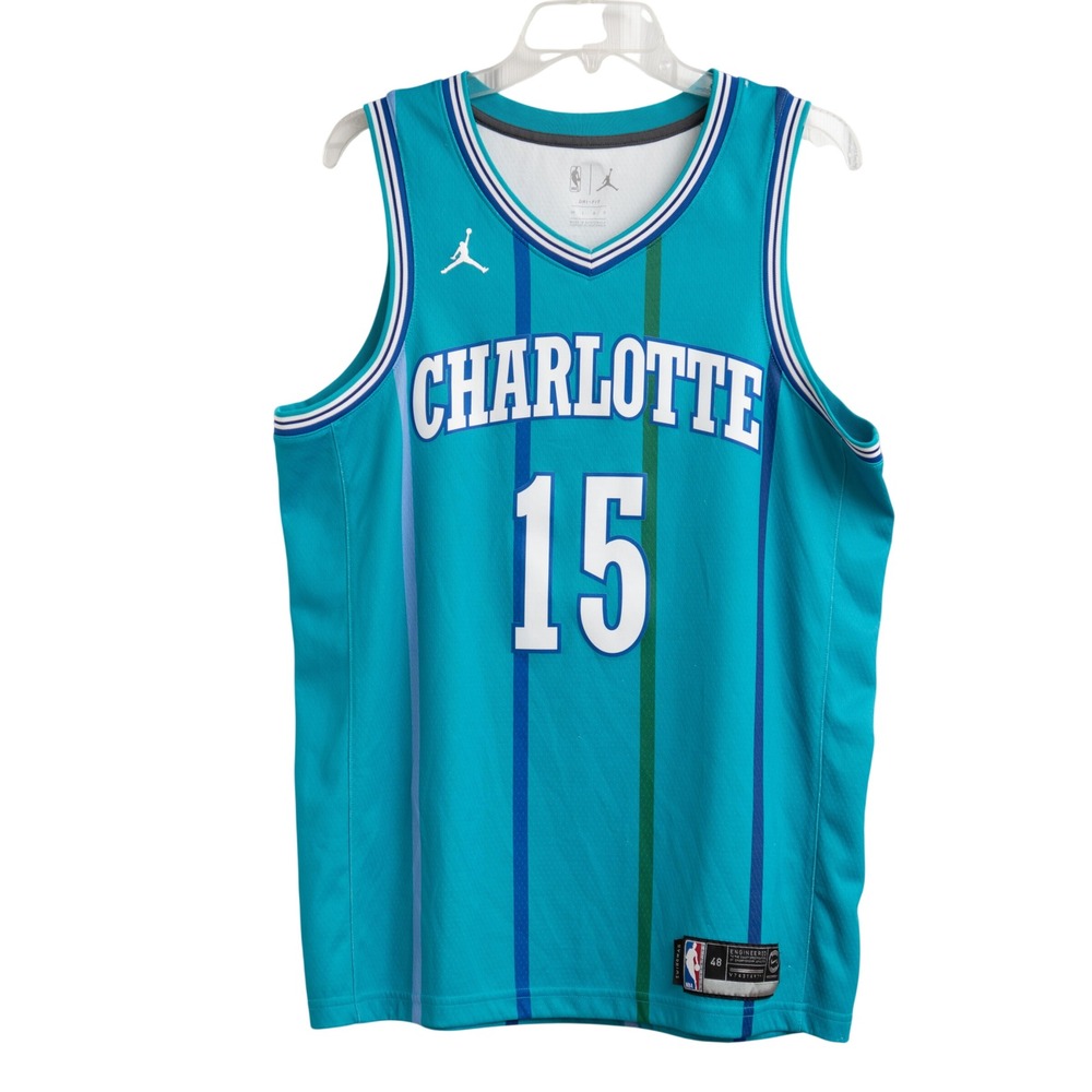 VTG Jordan Charlotte Hornets Kemba Walker 15 Swingman Jersey Teal Stripe Mens L